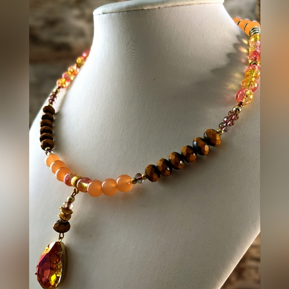 Orange Jade, Czech And Glass Beads and Orange Crystal AB Necklace - Picture 3 of 9